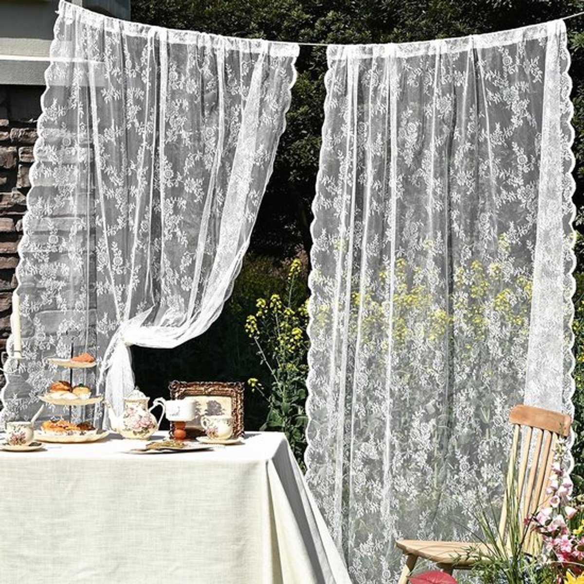 Gordijnen Antiek Bloemenpatroon - Transparante Kanten Gordijnen - Vintage Woonkamerdecoratie - 75 x 200 cm - Polyester - Elegante Sfeer - Raamdecoratie