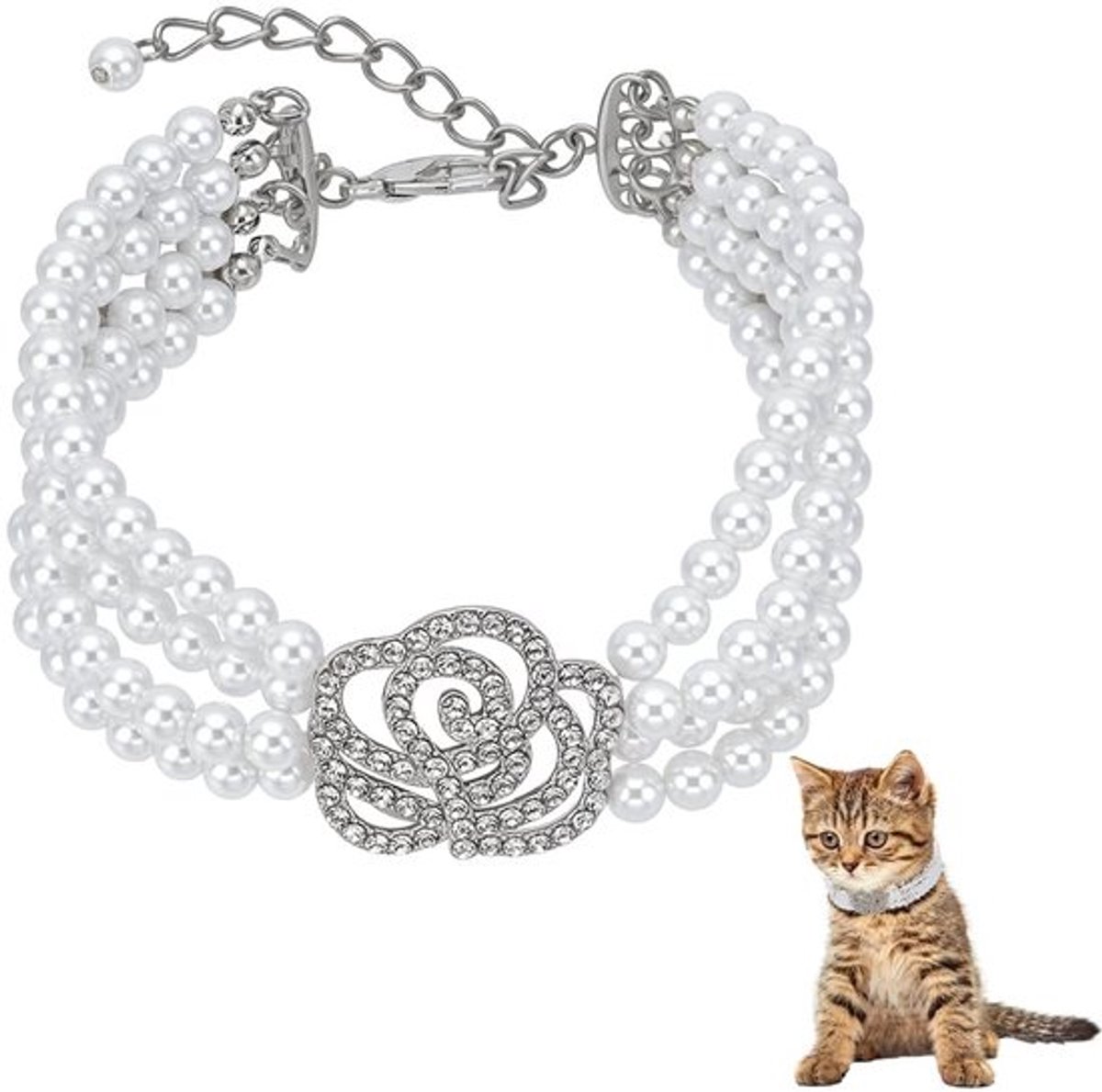 Halsband Verstelbaar - Honden/Katten - 4 Rijen Parelketting - Strass Rozenbloem - Bling-Sieraden - Kunsthars Imitatie Parel Kralen - Huisdierhalsband