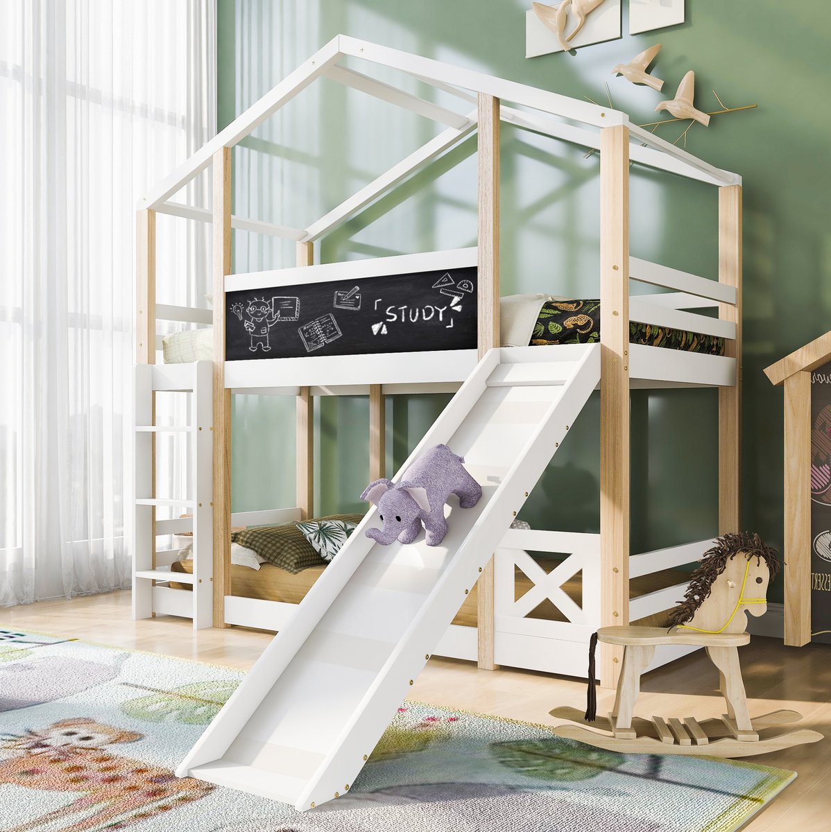 COVREO Hoogslaper 90x200 cm wit hout met glijbaan en ladder zonder matras