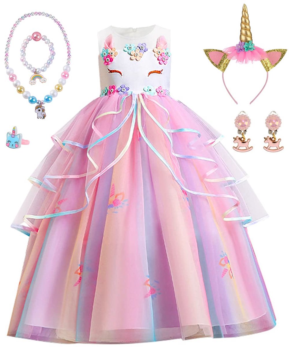 SnelShoppen - Verkleedkleding Meisjes Prinses Eenhoorn Kostuum met Hoofdband en Halsketting Set - Fancy Jurk voor Feest, Verjaardag, Halloween, Carnav