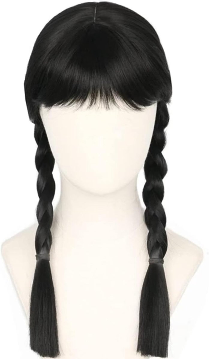 Zwarte Vlechtperuc k voor Carnaval, Halloween en Cosplay - Lange Dubbele Vlechten, Perfecte Kostuumaccessoire, Feestelijke Haarstijl