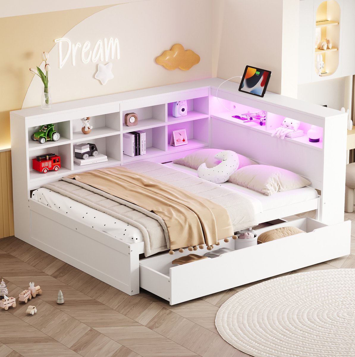COVREO Slaapbank bedframe met USB en LED – 140x200 cm – Bed van hout met opbergvakken – voor slaapkamer – Wit - zonder matras