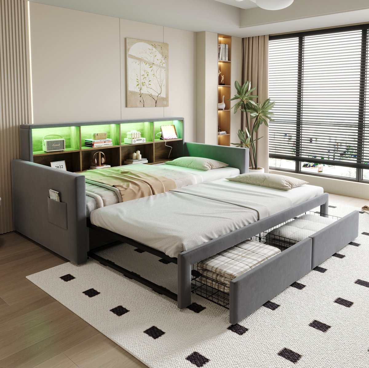 COVREO Bed 90x190 cm grijs met opbergruimte en LED zonder matras
