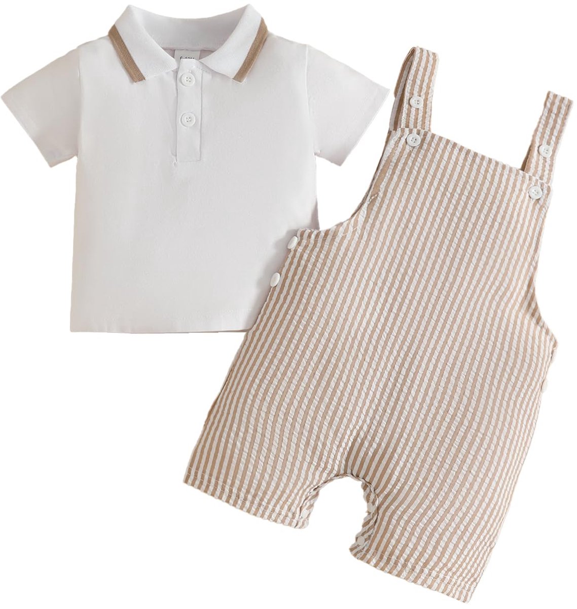 SnelShoppen - Outfits voor peuters, babyjongens poloshirts met gestreepte bretels en shorts, zomerkleding voor jongens, Kaki, 6-12 maanden, feest, cas