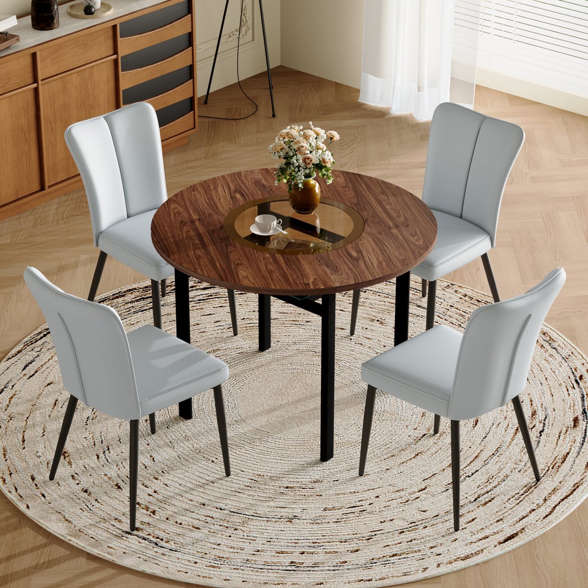 Wishdor Ronde eettafelset met 4 stoelen - Modern minimalistisch - Houtlook MDF met glasinleg - Lichtgrijs - 100 cm