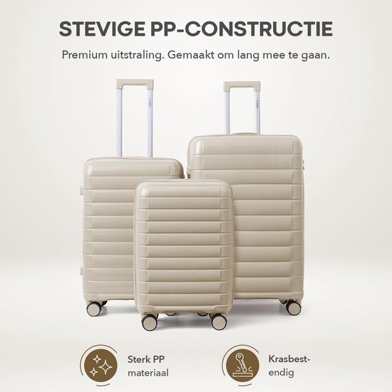 Drie beige koffers op een rij met de tekst 'Stevige PP-Constructie'.