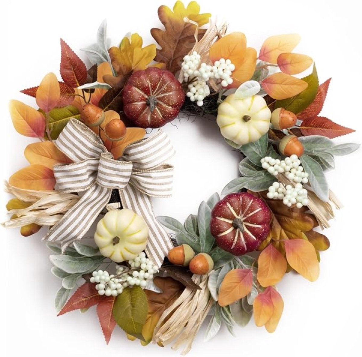 Herfstkrans 45,7 cm met Pompoenen, Bessen en Dennenappel – Voordeurdecoratie