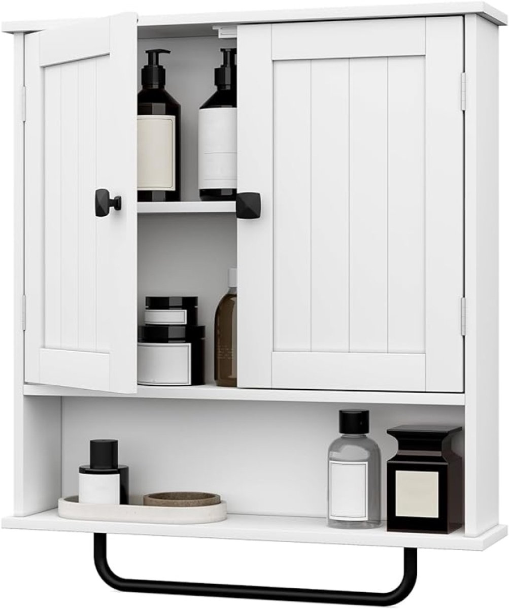 Badkamer Wandkast met Handdoekbar, Opbergkast voor Boven de Toilet, met 2 Deuren en Verstelbare Plank, Witte Muurkast voor Badkamer en Waskeuken