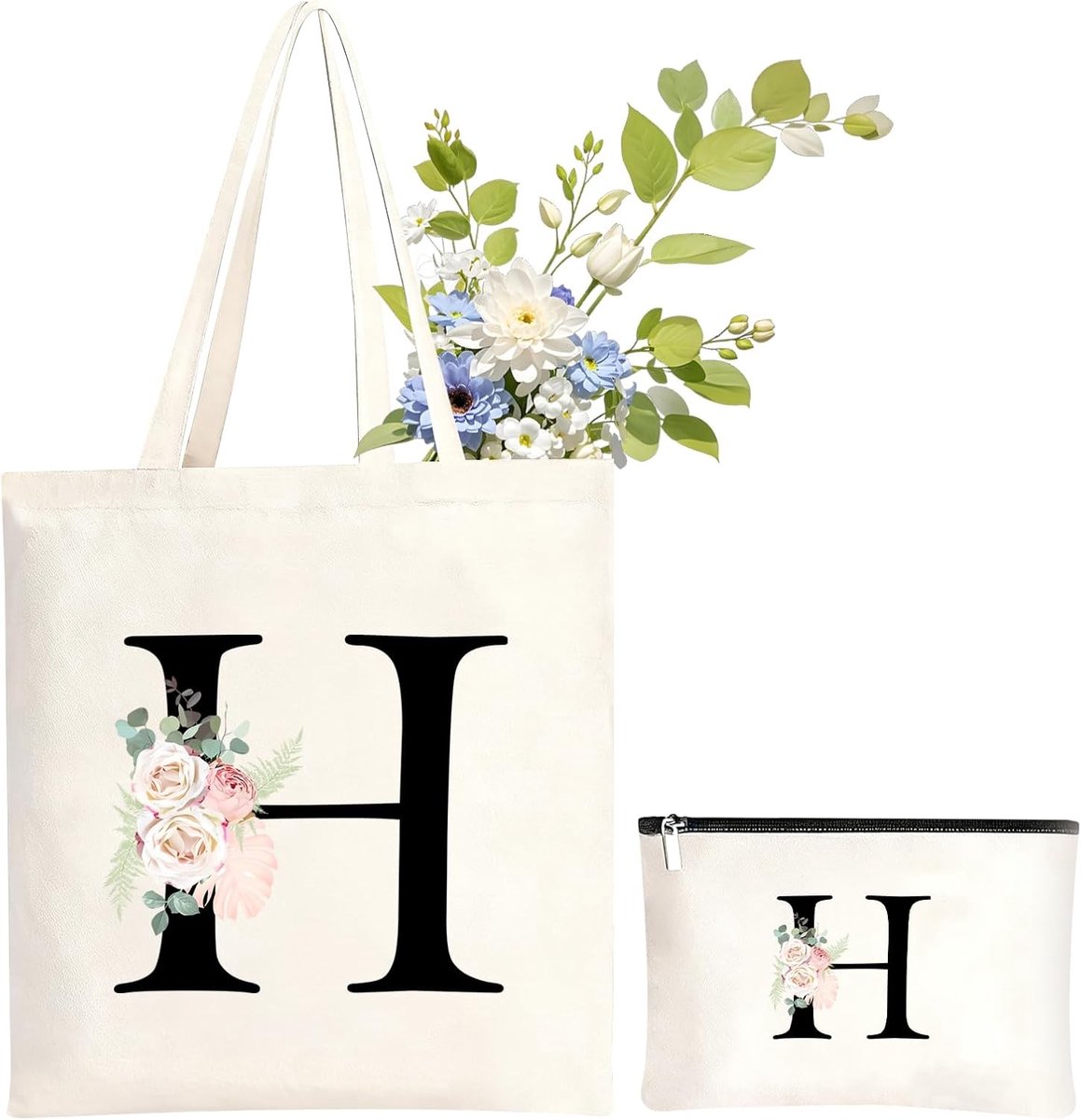 Gepersonaliseerde katoenen boodschappentas met naam en rits, ideale draagtas voor vrouwen en cosmetische tas met initiaal