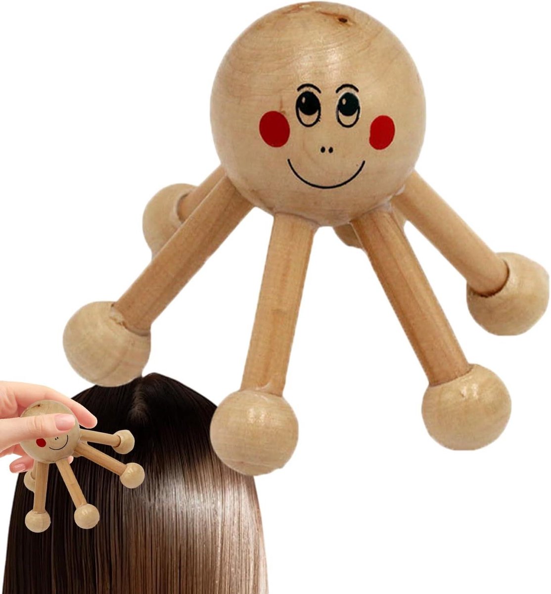 Hoofd massageapparaat - Hoofdhuid stimulator - Hoofdhuid revitaliseren - Zespoot spinvorm - 11 x 11 x 9 cm - Houtkleur