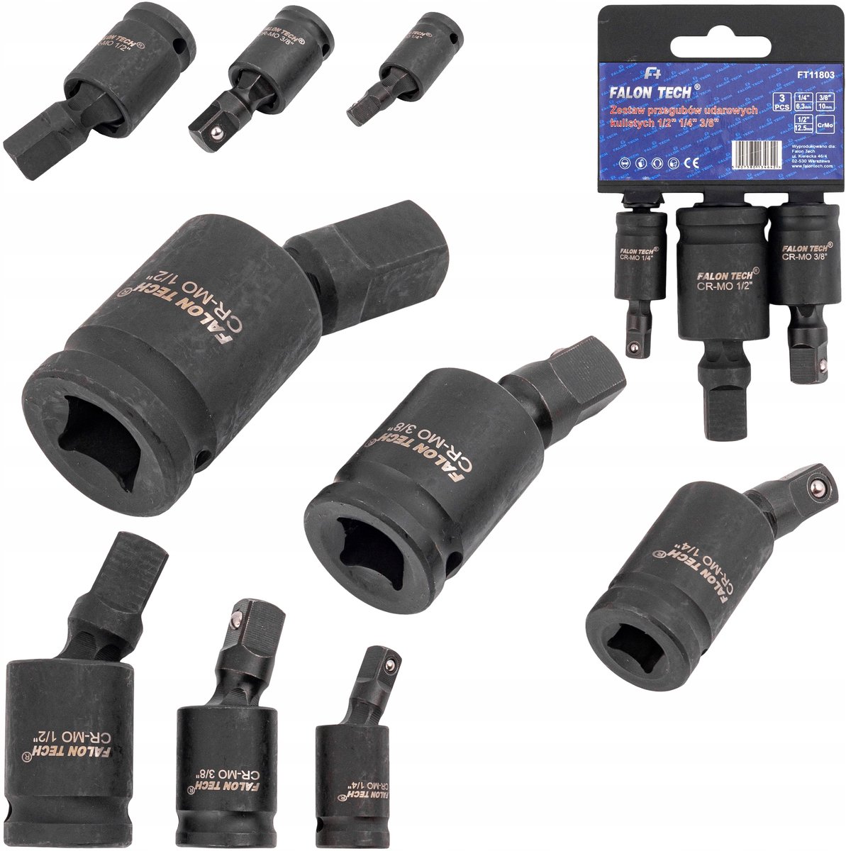 Set van 3 slagmoerdoppen met cardankoppeling - 1/4", 3/8", 1/2"