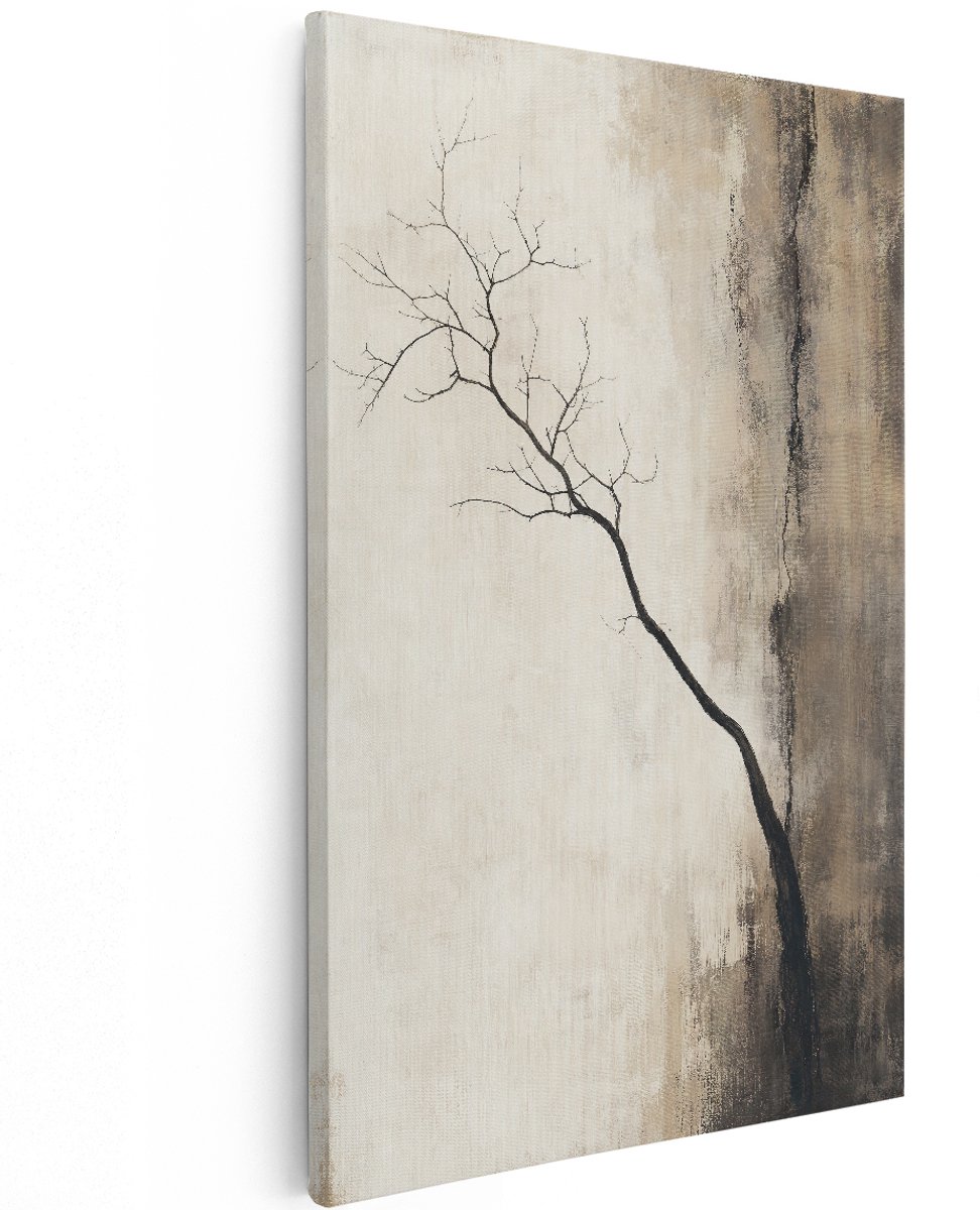 Artaza Canvas Schilderij Abstracte Boom - Minimalistisch - Beige en Zwart - 100x150 cm - Groot - Wanddecoratie Woonkamer - Schilderijen - Muurdecoratie