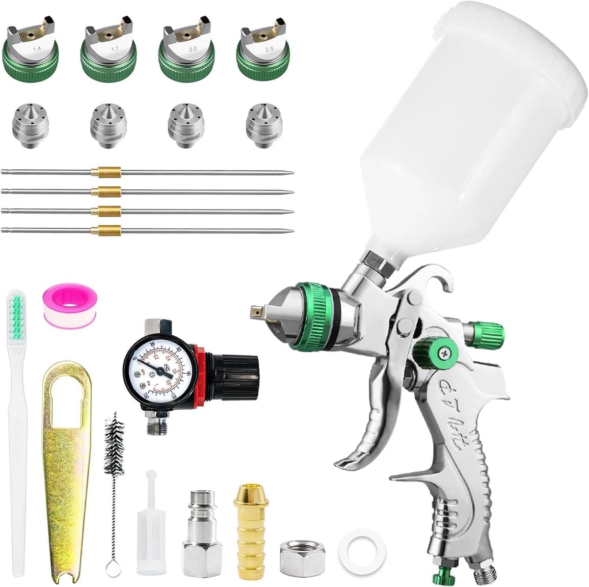Professionele HVLP Verfspuit Kit met 4 Spuitmonden en 600 ml Plastic Bekers voor Compressed Air en Luchtdrukregulator