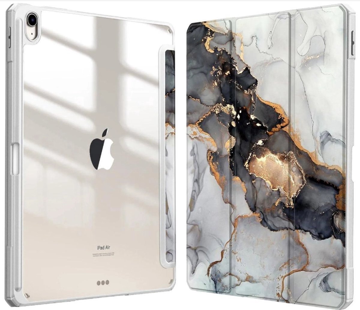 casalora™-Hybride Slim Case voor iPad Air 13-inch (M2) 2024-Ingebouwde potloodhouder-Schokbestendige hoes-Heldere transparante achterkant-Bewolkt marmer-Automatisch wekken/slapen