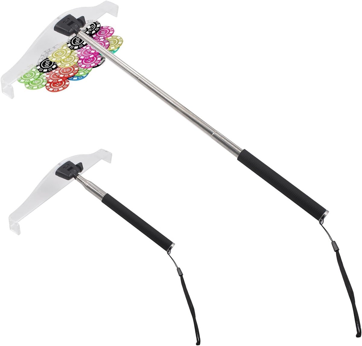 Telescopische Roulette Rake Collector voor Kaartspellen, Verstelbare Lengte 22-95 cm, Antislip Handvat, Set van 2, Ideaal voor Poker en Casinospellen
