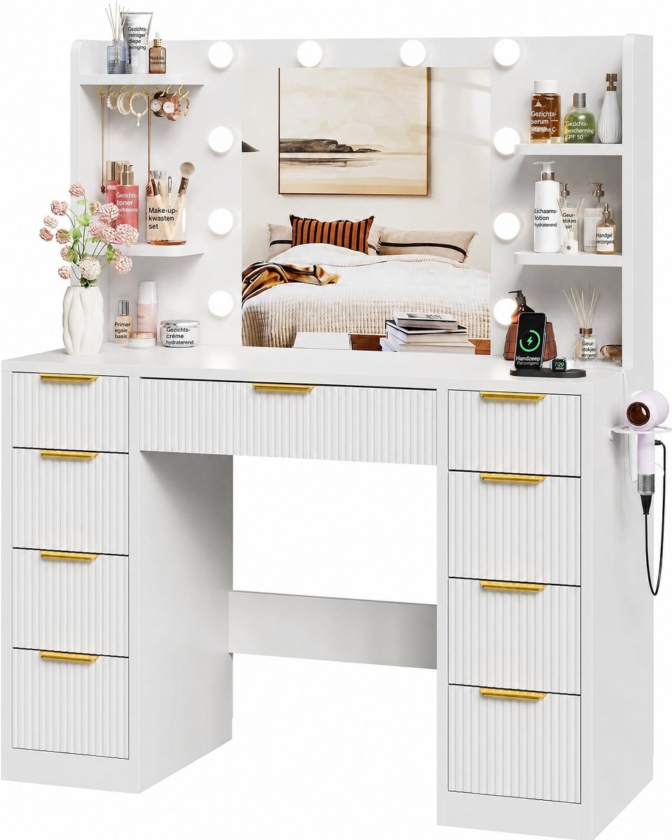 Devoko Kaptafel 108 x 40 x 146 cm - Föhnhouder en Golvende Ladefronten - 2 EU-Stopcontacten, USB, USB-C, LED Spiegelkast, 9 Laden - Wit