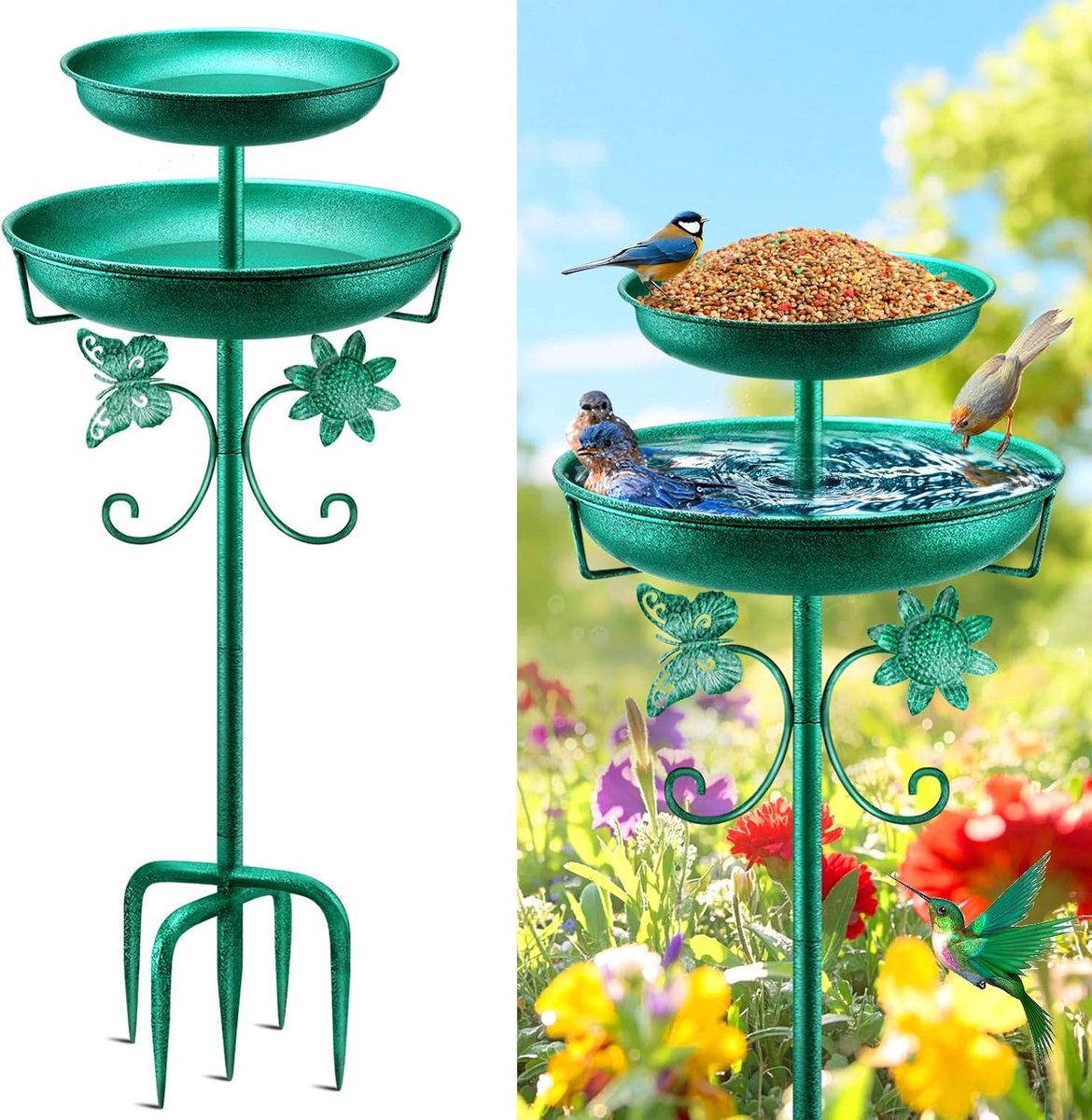 Vogelbad en Voederstation - Buiten decoratie - Tuinieren en dieren - Verbeterde 5-armige basis - 107 cm hoog - Groen