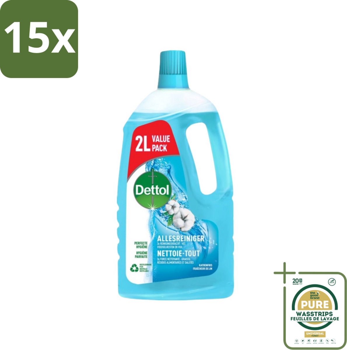 15 x Dettol - Allesreiniger - Katoenfris - Perfecte Hygiëne - 2L - Grootverpakking - Allesreiniger - Hygiëne - Katoenfris - Vet Verwijderen - Vuil Verwijderen