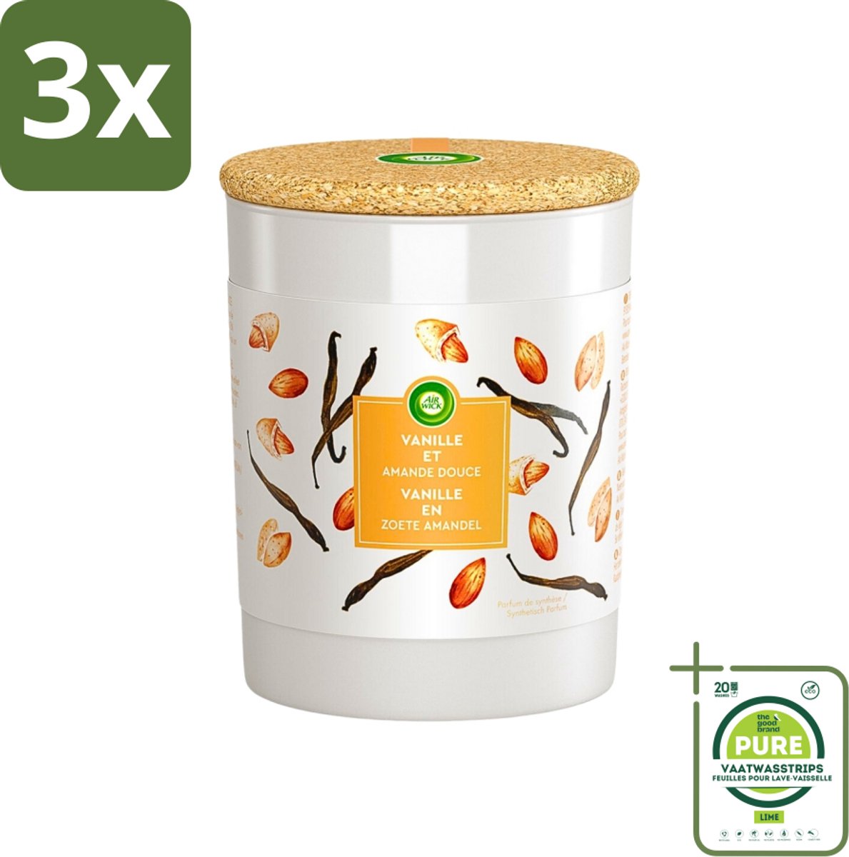 3 x Air Wick - Geurkaars - Vanille & Zoete Amandel - 35 Uur Brandduur - Grootverpakking - Geurkaars - Vanille Geur - Amandel Geur - Sfeerkaars - Air Wick