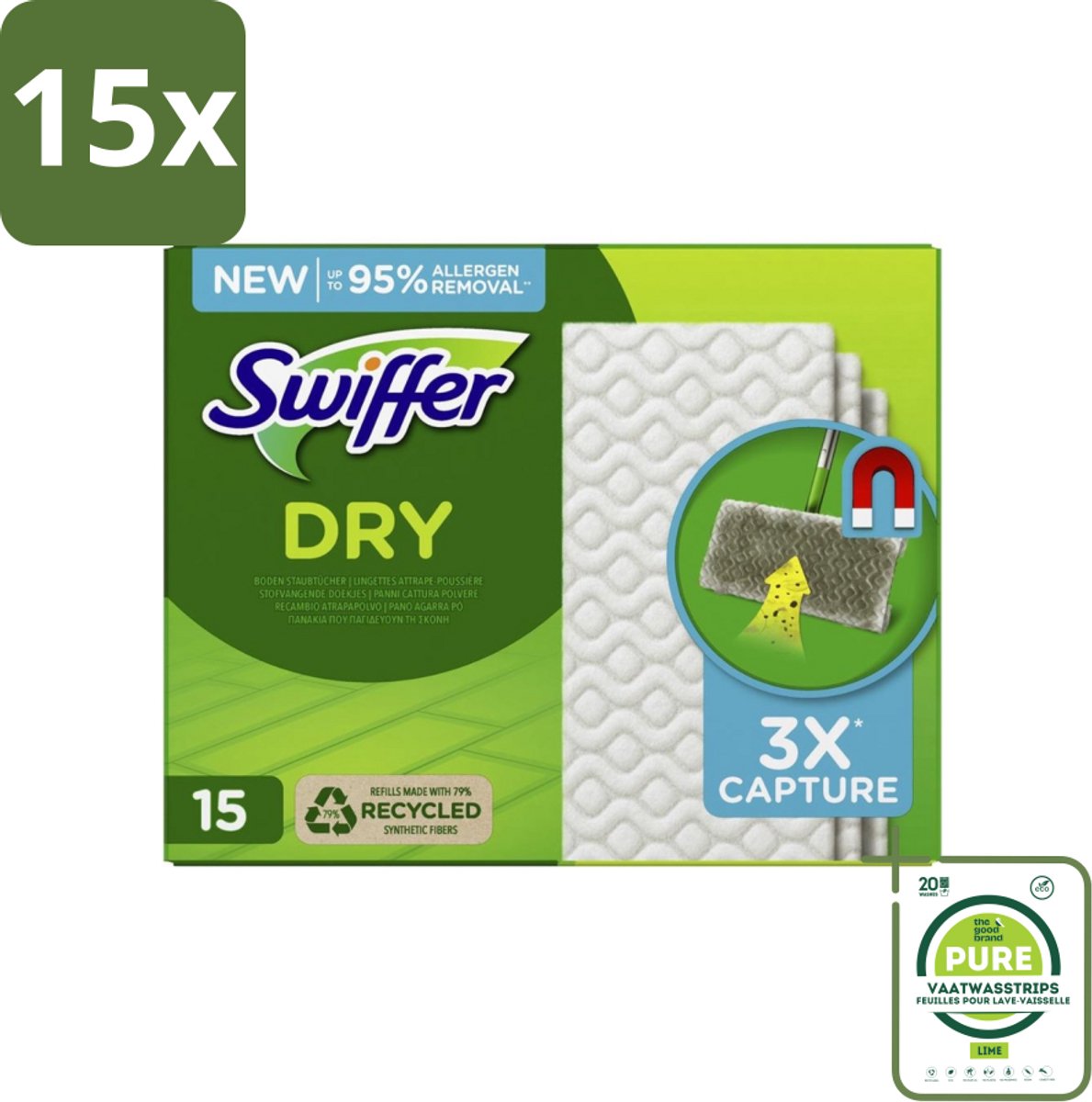 15 x Swiffer Dry - Vloerdoekjes - Navulling - Gerecyclede Fibers - 15 Doekjes - Grootverpakking - Stofzuiger - Stofdoekjes - Vloeren Schoonmaken - Meubels Schoonmaken - Stof Verwijderen