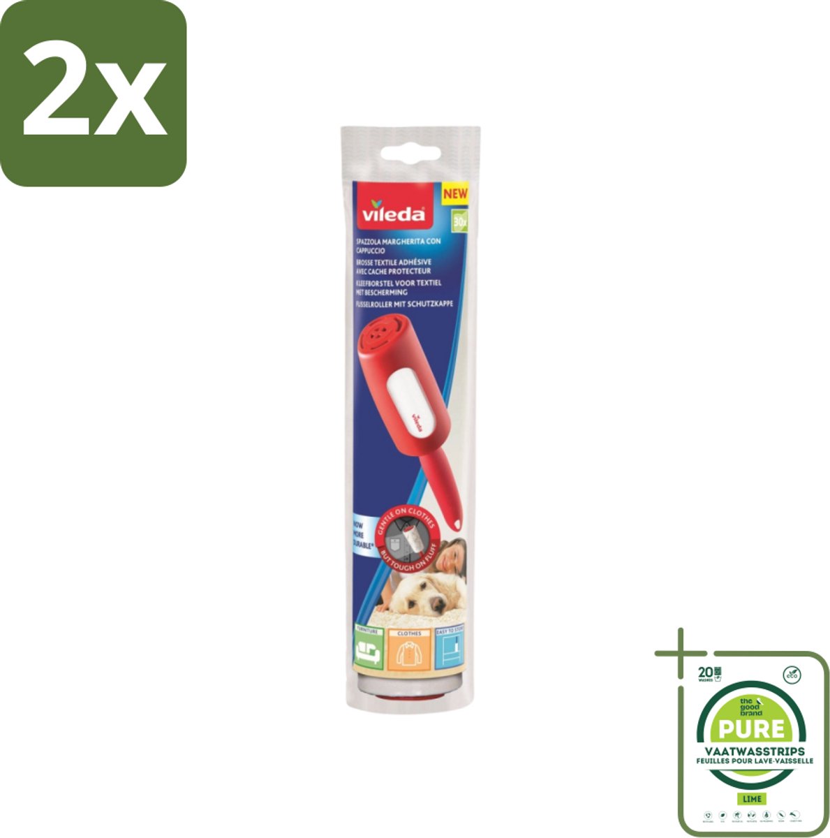 Vileda - Lintroller - Pluisverwijderaar - Inclusief Beschermkap - 30 Vellen - Voordeelverpakking - 2 stuks - Pluisverwijderaar - Lintroller