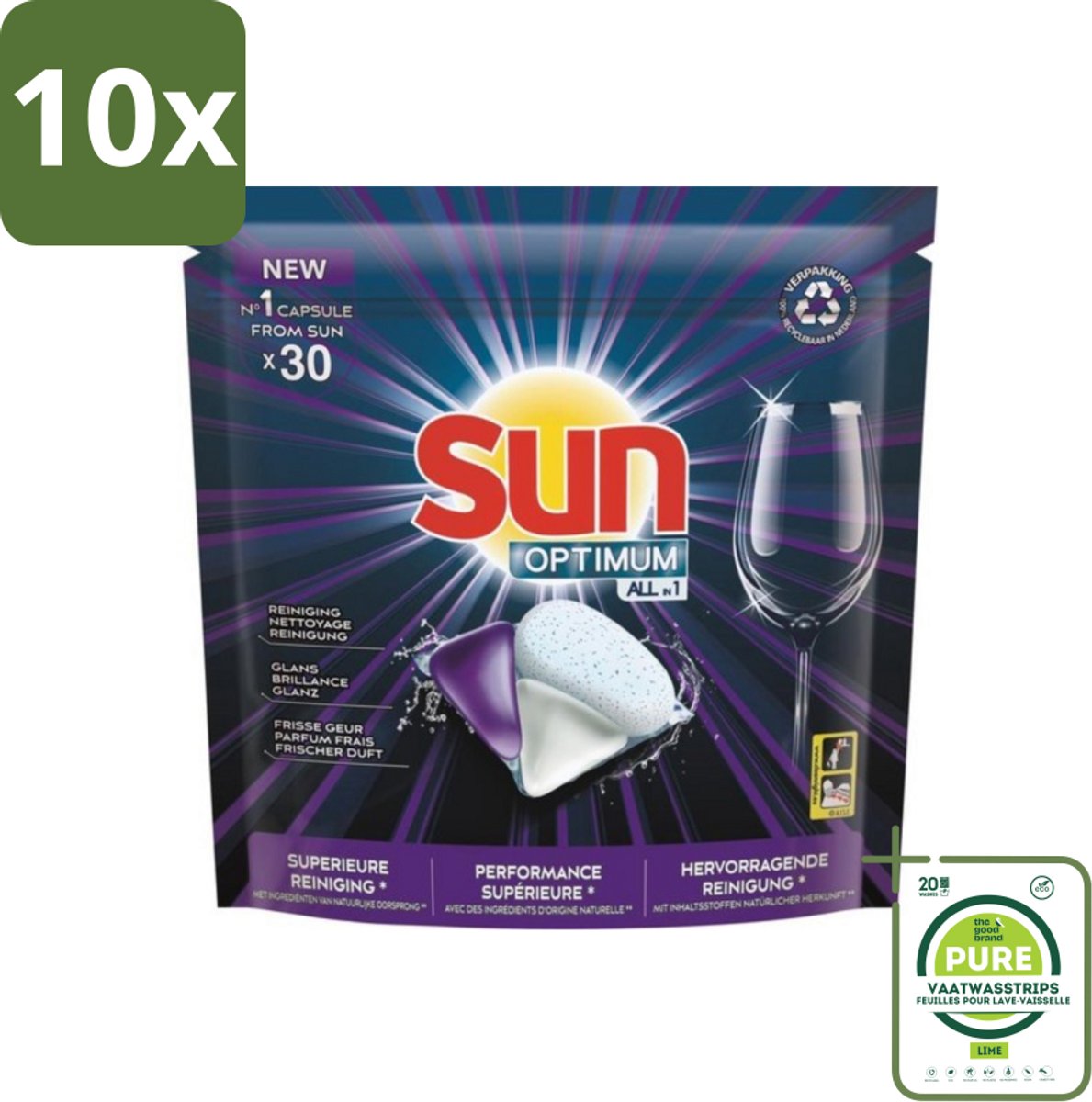 10 x Sun Optimum - All-in-1 - Vaatwasmiddel - Capsules - Maandbox - 30 Capsules - Grootverpakking - Vaatwasmiddel Capsules - Vaatwasser Capsules - Vaatwasmiddel All-in-1 - Vaatwasser Schoonmaak - Hardnekkige Vlekken
