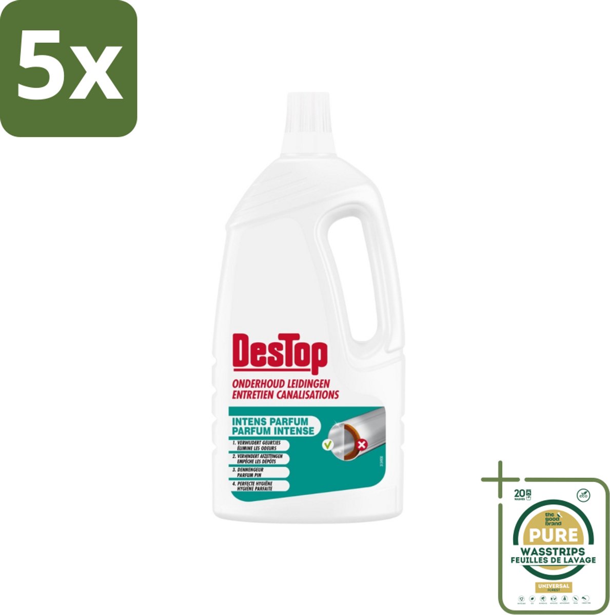 5 x DesTop - Onderhoud Leidingen - Frisse Dennen geur - 4-in-1 Werking - 1,5L - Grootverpakking - Leidingen Reinigen - Geur Neutraliseren - Leidingen Onderhouden - Verstopping Voorkomen - Hygiëne