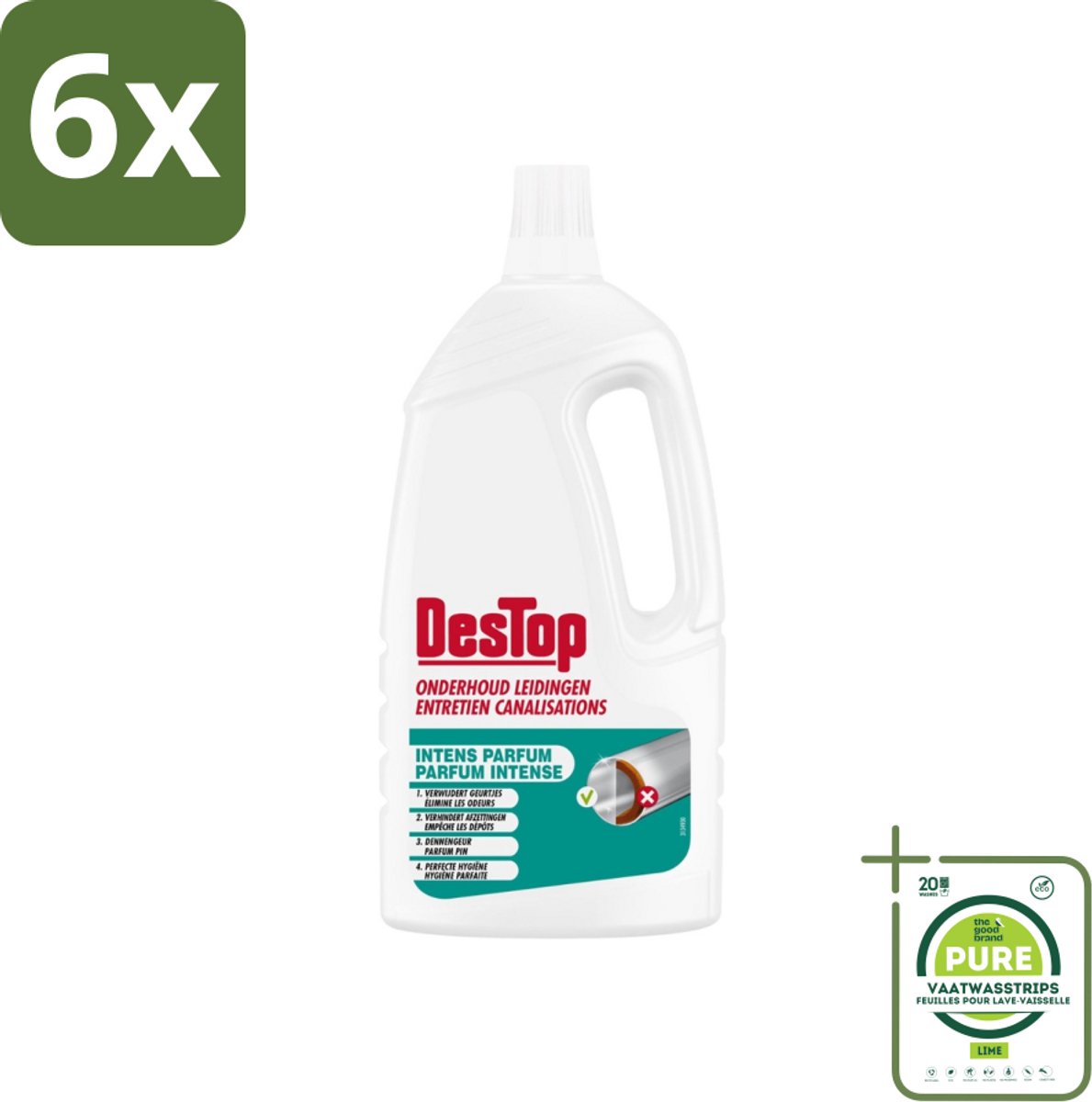 DesTop - Onderhoud Leidingen - Frisse Dennen geur - 4-in-1 Werking - 1,5L - Voordeelverpakking - 6 stuks - Leidingen schoonmaken - Leidingen ontstoppen