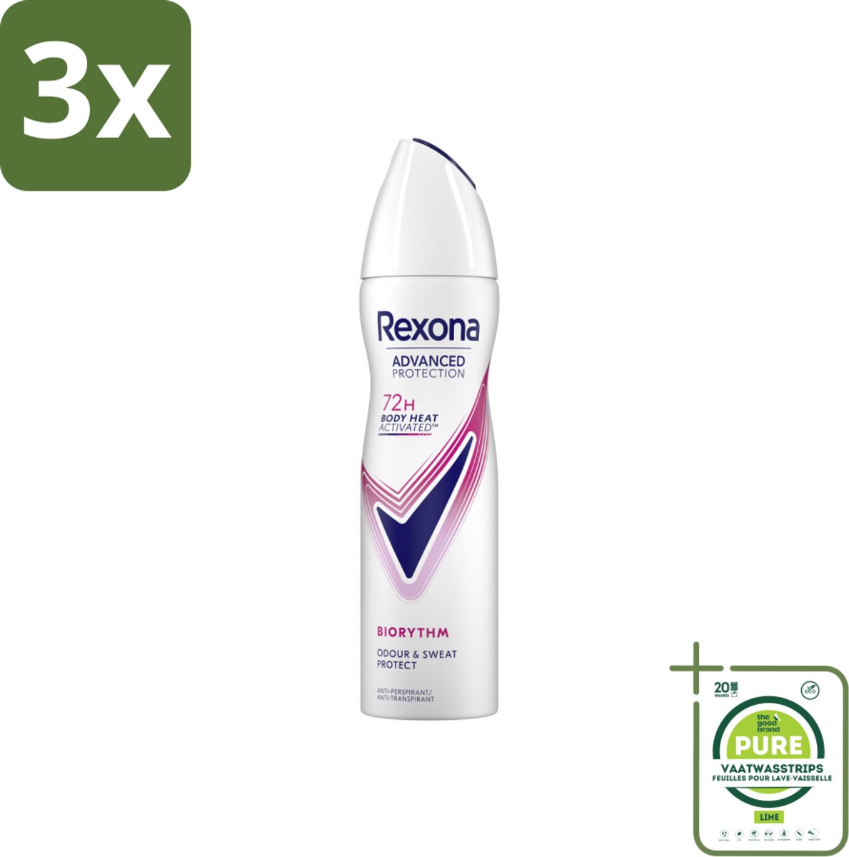 3 x Rexona - Deodorant Spray - Advanced Protection - Biorythm - Anti-Transpirant & Perspirant - 150ml - Grootverpakking - 72 Uur Bescherming - Anti-transpirant - Deodorant - Rexona - Biorythm