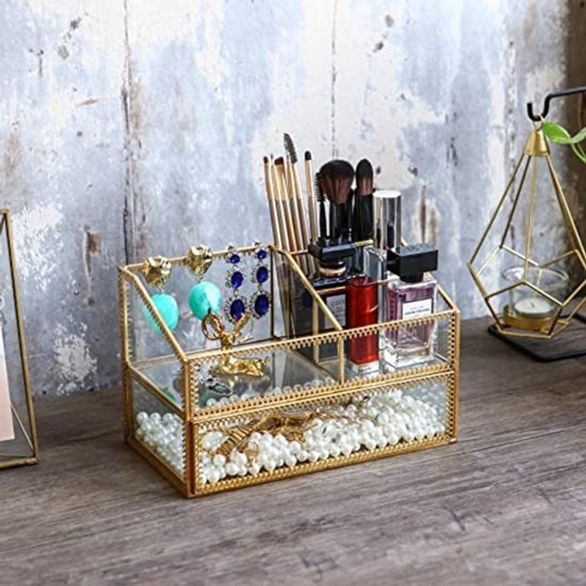 Gouden Glazen Make-up Organizer en Display Tray voor Dresser