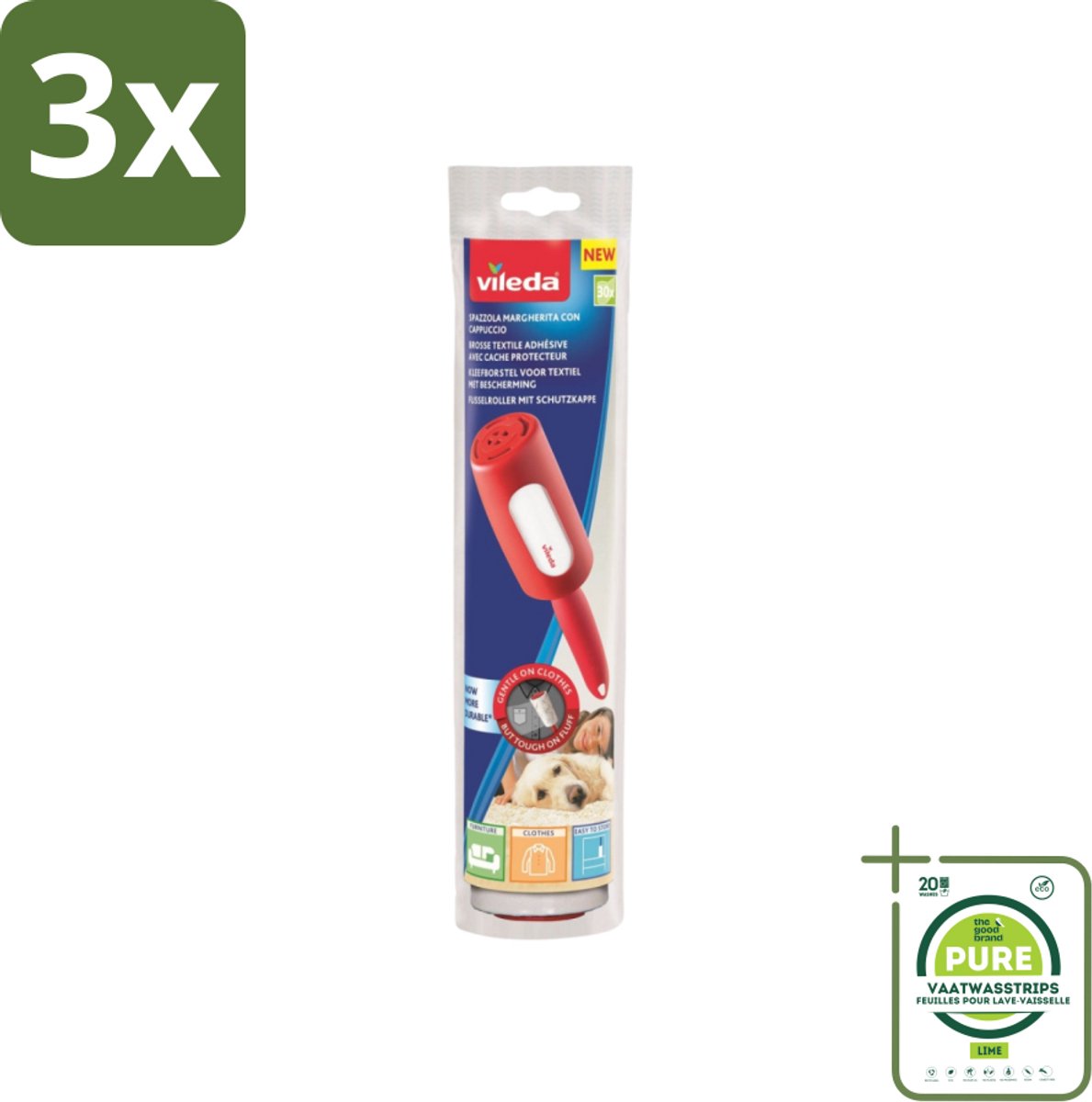 3 x Vileda - Lintroller - Pluisverwijderaar - Inclusief Beschermkap - 30 Vellen - Grootverpakking - Pluisverwijderaar - Lintroller - Stofzuiger - Kledingreiniger - Textielreiniger