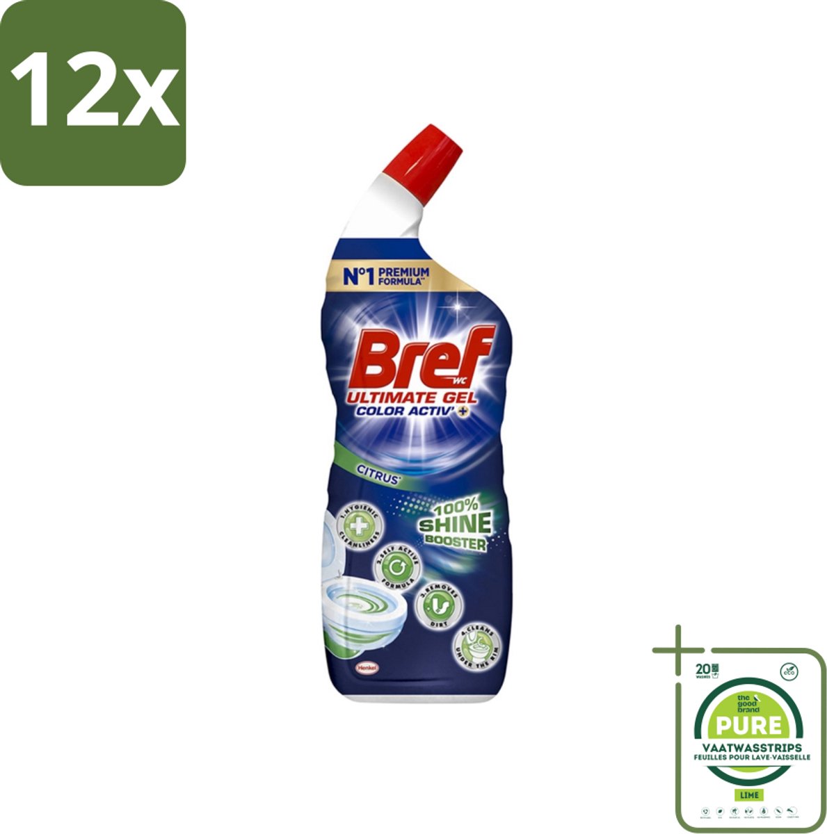 Bref WC - Ultimate Gel Color Activ+ - Toiletreiniger - Citrus - 700 ml - Voordeelverpakking - 12 stuks - Toilet schoonmaken - Toiletreiniger
