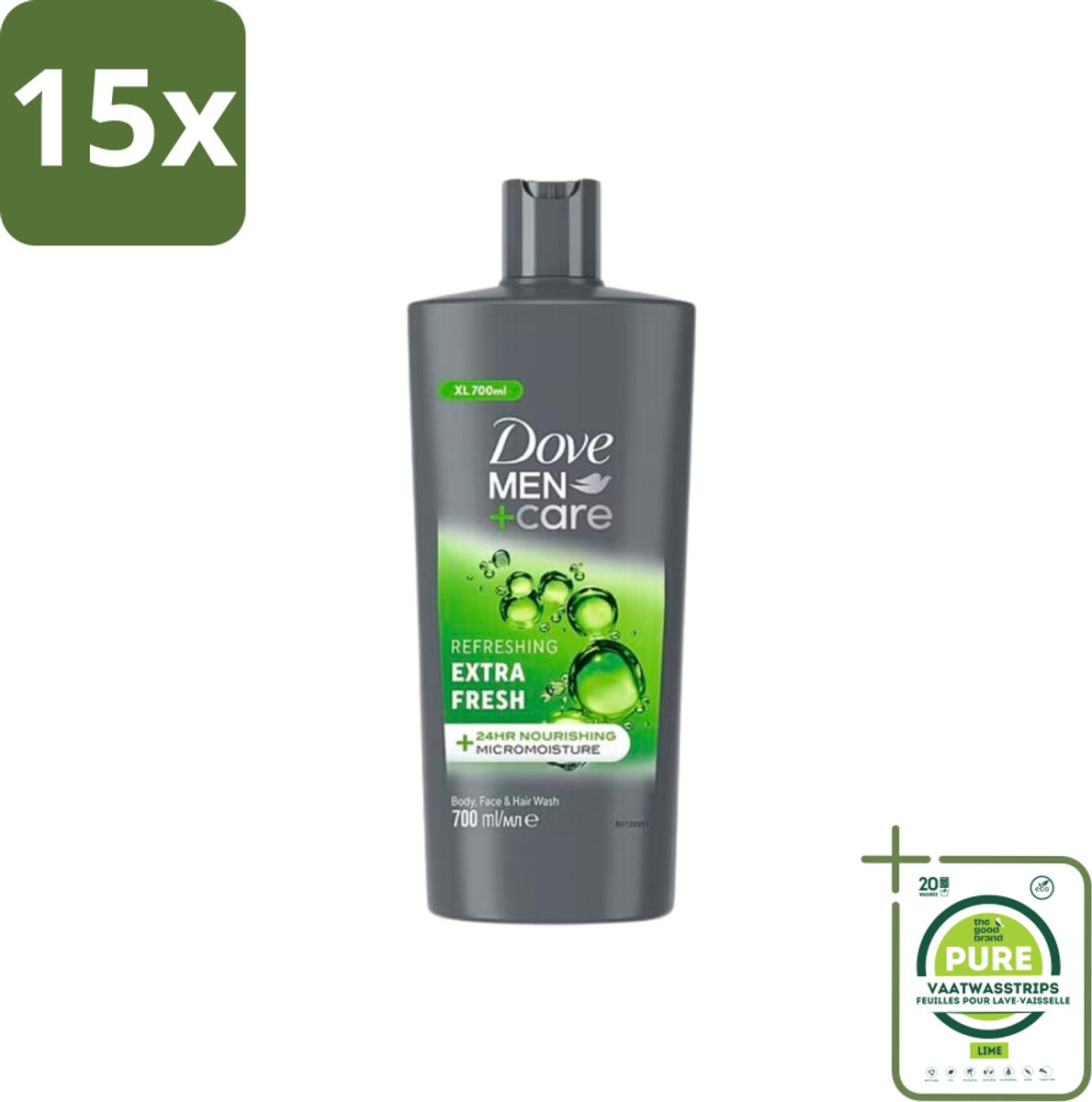 15 x Dove Men+Care - Extra Fresh - Douchegel 3-in-1 - Verzorgend - 700 ml - Grootverpakking - Douchegel - Mannen - Verzorging - Hydratatie - Verfrissend
