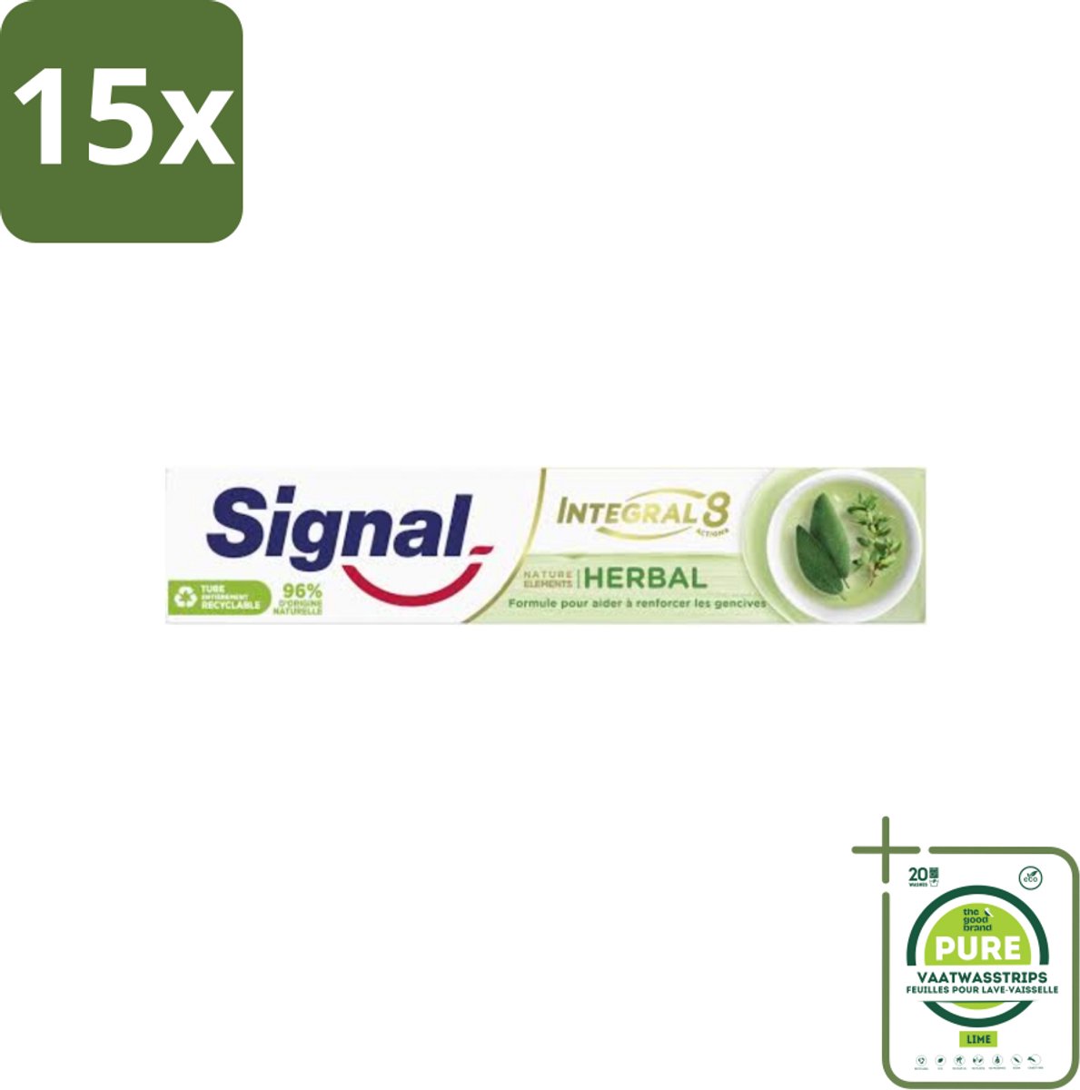 15 x Signal - Integral & Actions - Tandpasta - Natuurlijke Kruiden - Gerecyclede Verpakking - 75 ml - Grootverpakking - Tandpasta - Natuurlijke Ingrediënten - Fluoride - Mondverzorging - Tandenpoetsen