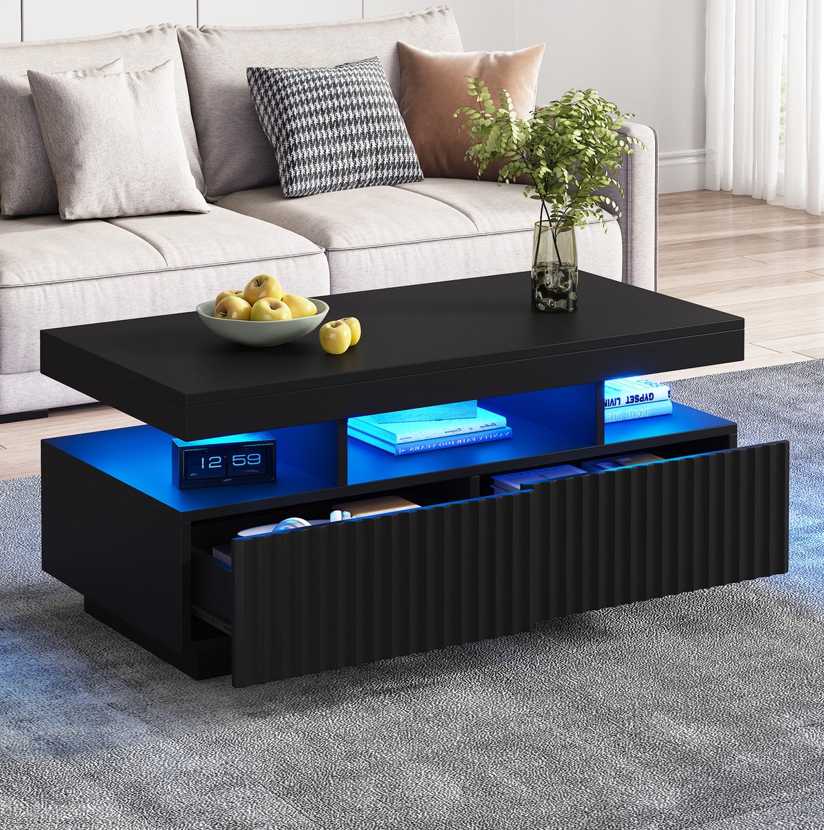 Wishdor Salontafel - Twee lades en open vak - LED-verlichting - Modern minimalistisch - Woonkamer kantoor werkhoek - Bewerkt hout - Zwart - 100 x 50 x 45 cm