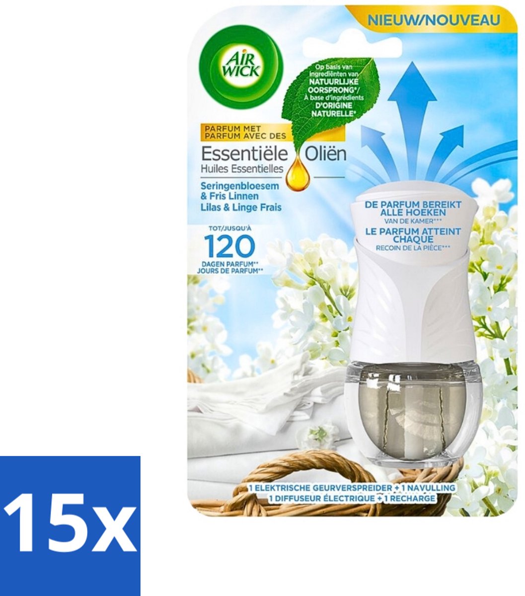 15 x Air Wick Essential Oils - Elektrische Geurverspreider Starterkit - Sering & Fris Linnen - 19ml - Geurverspreider - Sering En Linnen - Elektrische Geurverspreider - Frisse Geur - Luchtverfrisser