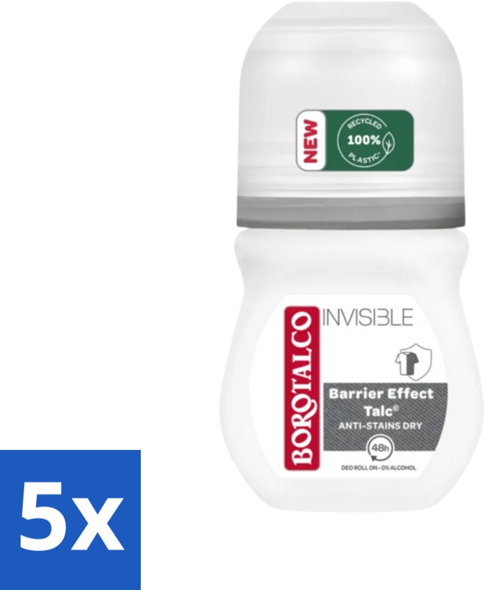 5 x Borotalco - Deodorant Roller - Invisible - Barrier Effect Talc - 0% Alcohol - 50 ml - Deodorant Roller - Vlekken Op Kleding - Witte Vlekken - Gele Vlekken - 0% Alcohol