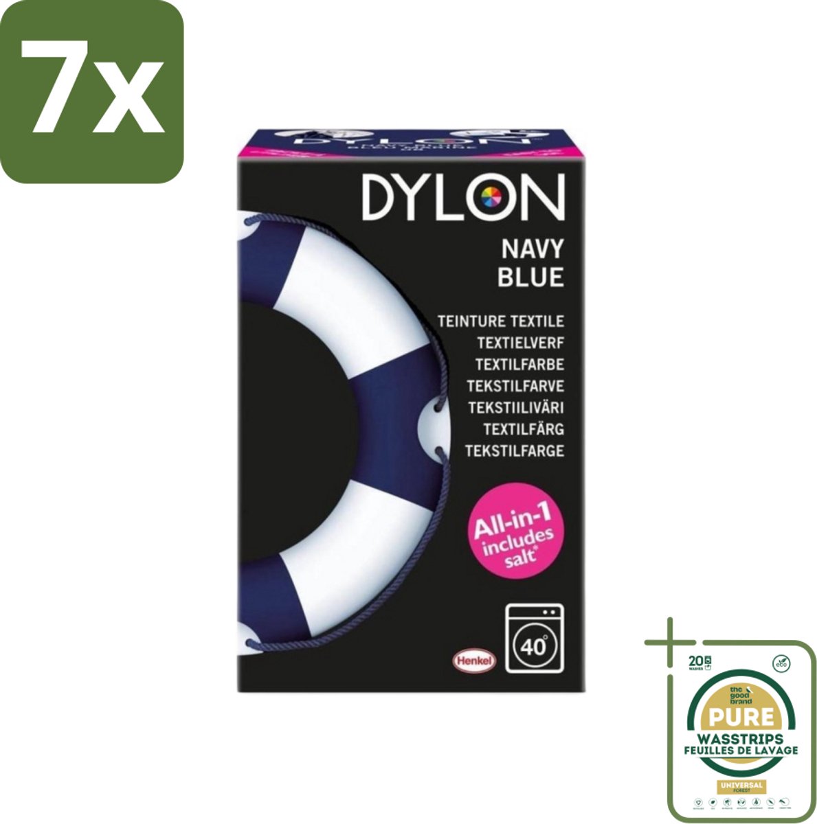 7 x Dylon - Textielverf - Navy Blue - All-in-One - Inclusief Zout - 350g - Grootverpakking - Textielverf - Kleding Verven - Kleurstof - Katoen Verven - Stof Verven