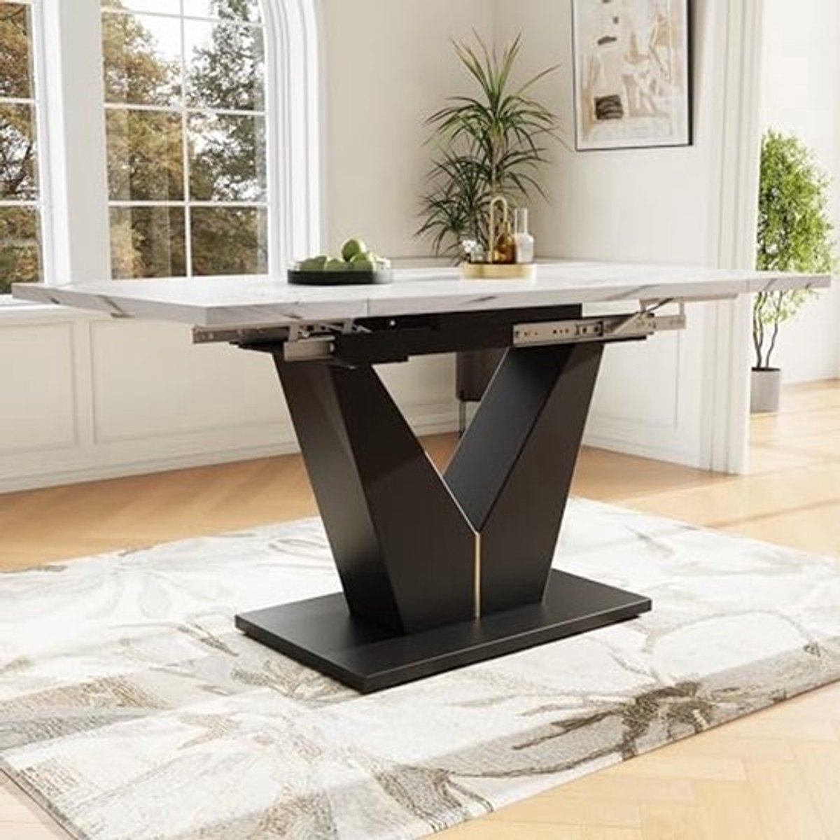 Uittrekbare Eettafel met Brede Werkblad - Ideaal voor Woonkamer en Thuiswerkplek (99 - 159 cm, Wit met Zwarte Poten)