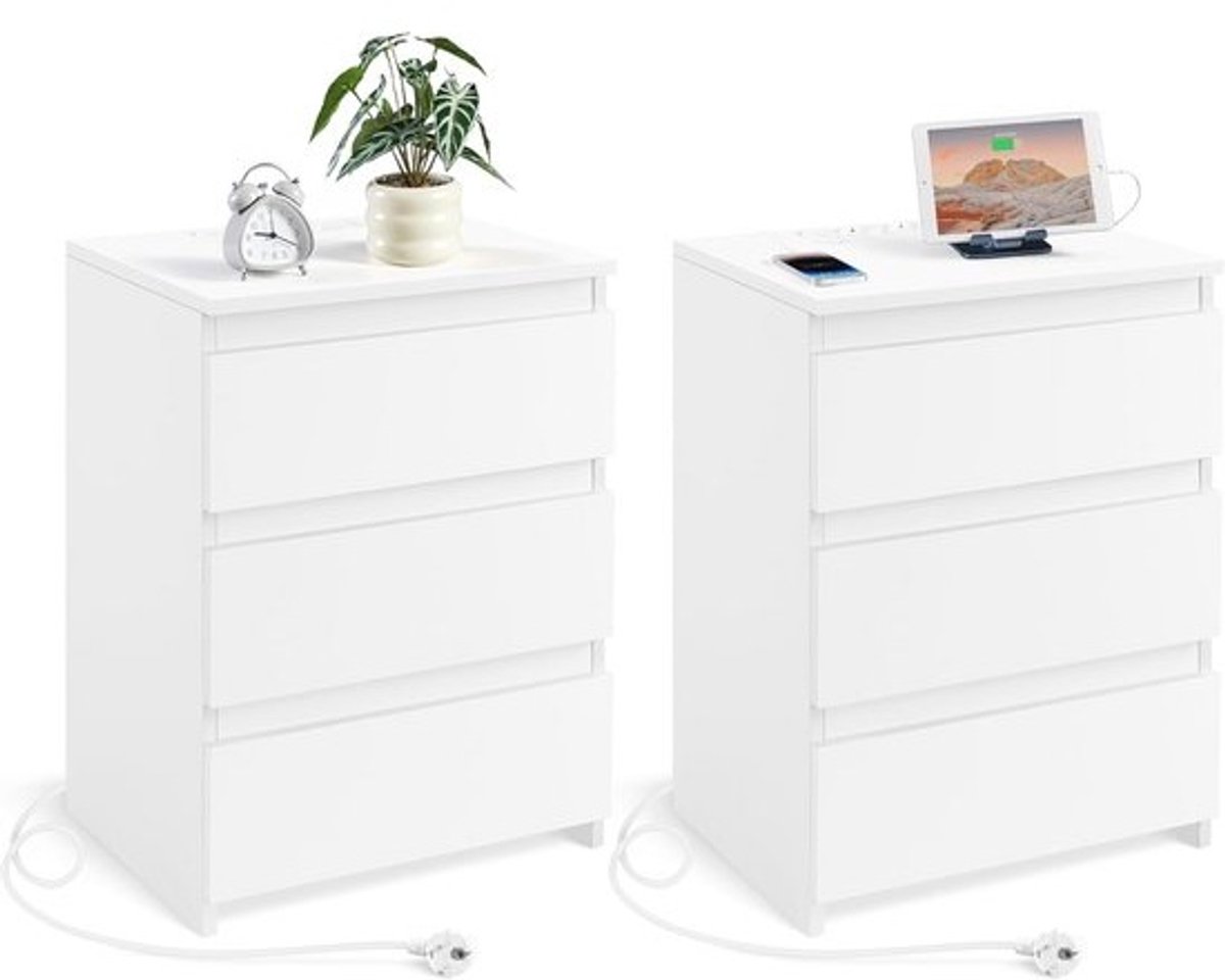 Nachtkastjes met laadstation en 3 laden - Wit, Set van 2 - Vintage Design