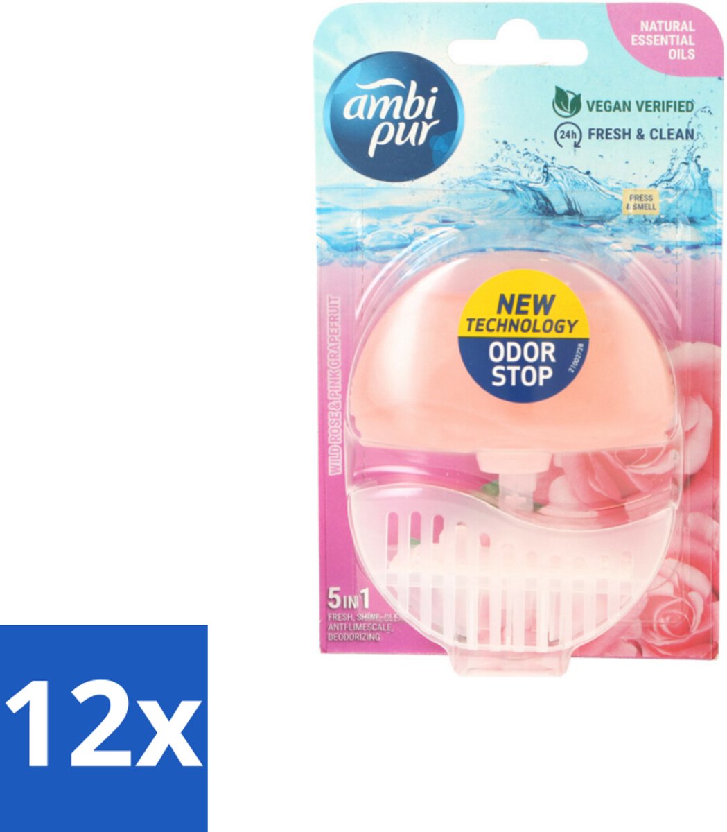 12 x Ambi Pur Toiletblok Starterkit 5in1 Wild Rose & Pink Grapefruit - Toiletblok - Toilet Reiniging - Langdurige Geur - Anti-kalk - Super Shine