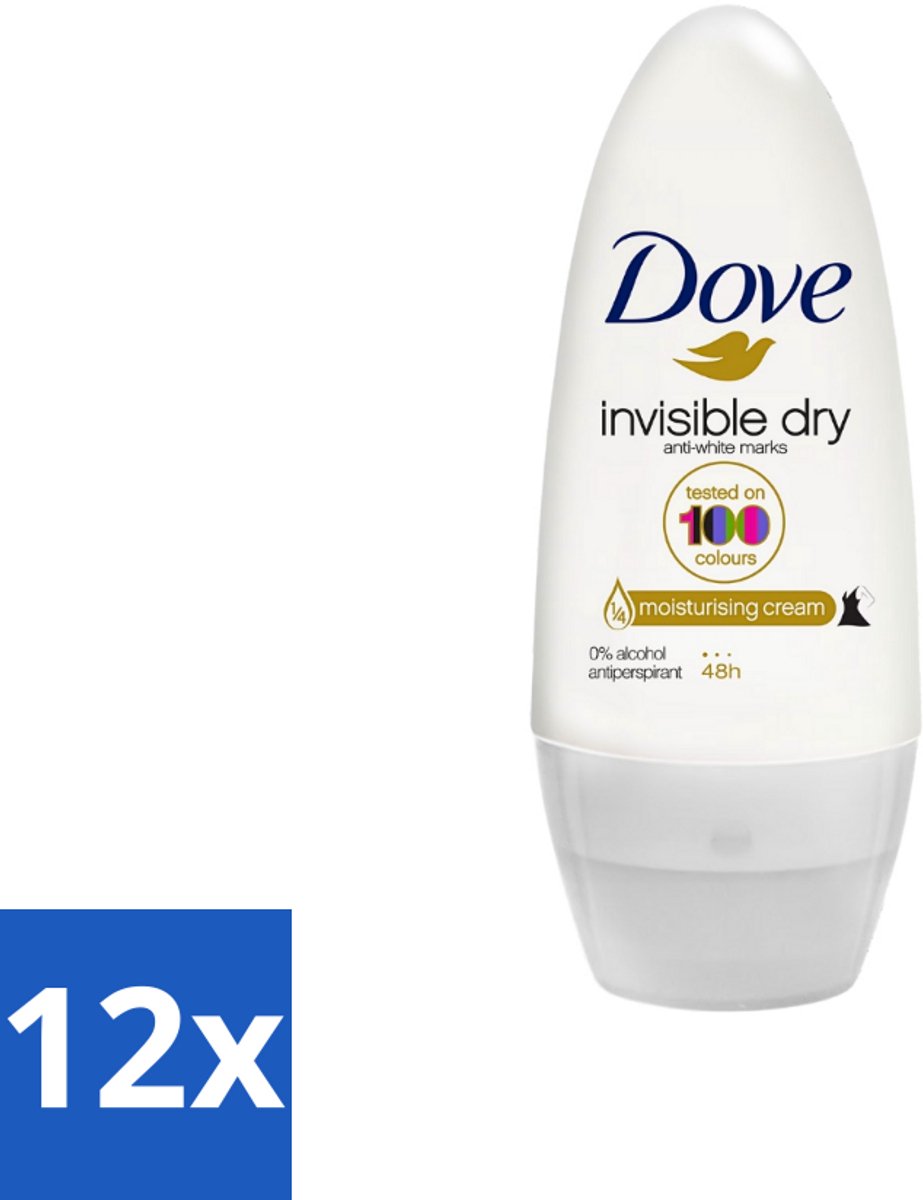 12 x Dove Invisible Dry - Deodorant Roll-on - Anti-Transpirant - 50 ml - Onzichtbare Deodorant - Anti-transpirant - Witte Strepen - Hydraterende Deodorant - Dove Invisible Dry