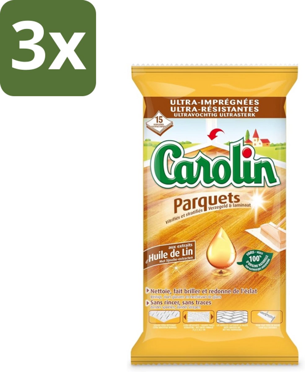 3 x Carolin - Parket Vloerdoekjes - Schoonmaakdoek - Met Lijnolie - 15 Doekjes - Parketvloerdoek - Parket Schoonmaken - Lijnolie Doek - Houtvloer Verzorgen - Parket Reinigen