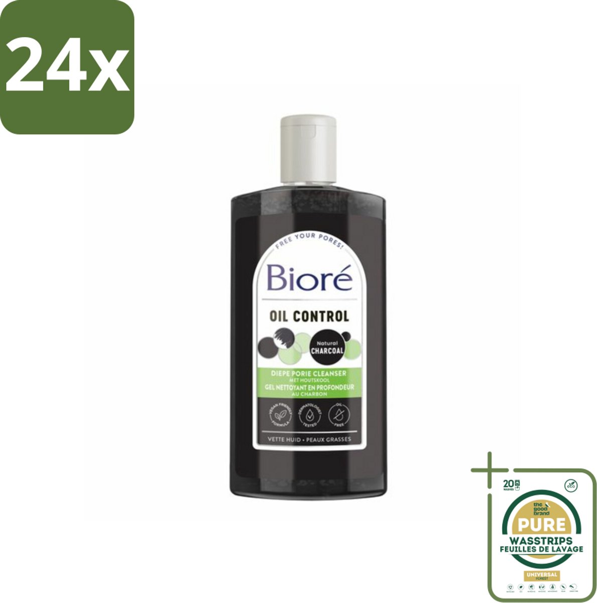 Bioré – Houtskool Reinigingsgel – Gezichtsreiniger – 200 ml - Voordeelverpakking - 24 stuks - Diepe reiniging - Vet huid