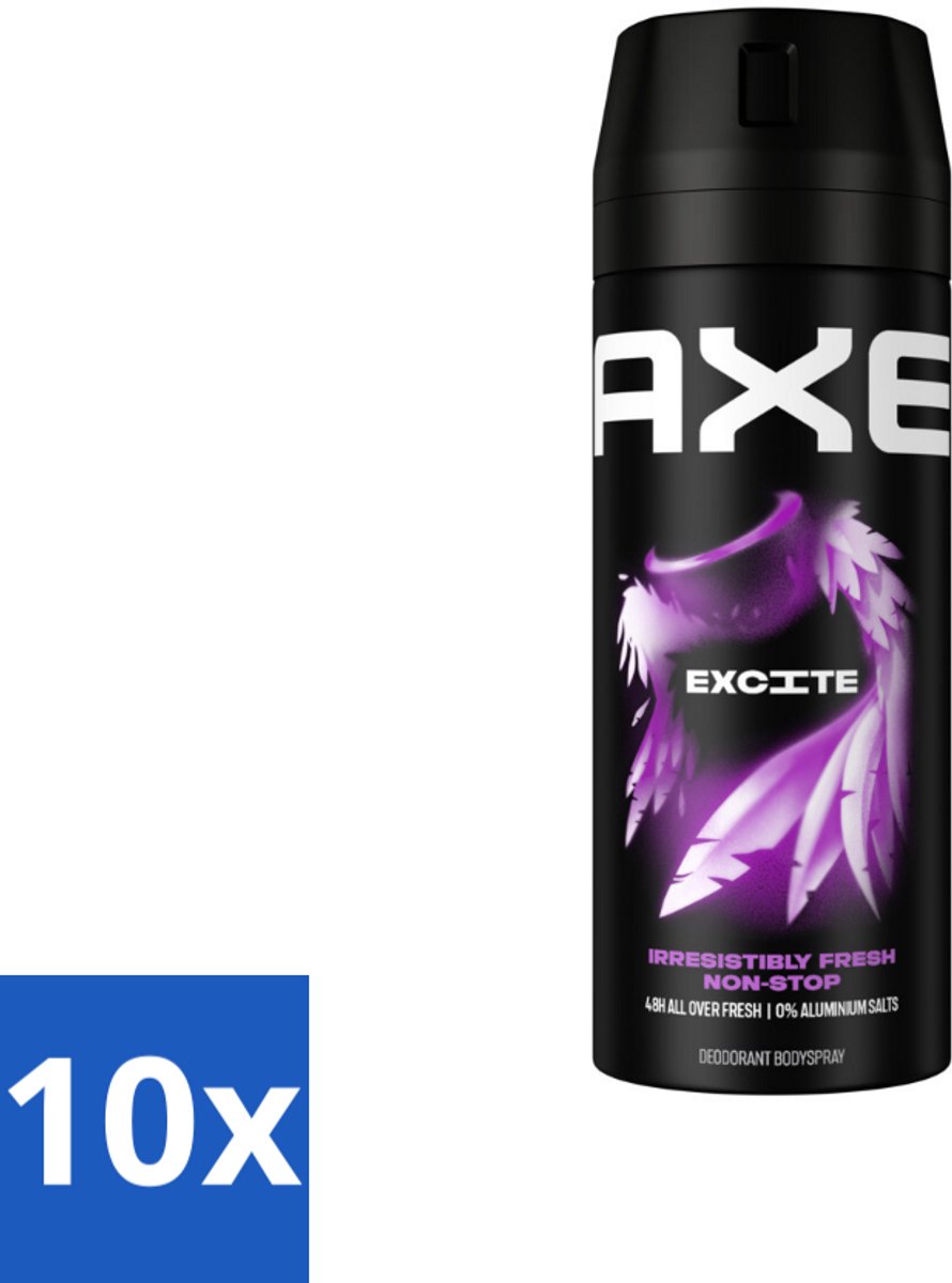 10 x Axe - Deodorant Bodyspray - 48hrs Fresh - Excite - Crisp Coconut & Black Pepper - 150 ml - Deodorant - Lichaamsgeur - Frisheid - Kokosnoot - Zwarte Peper