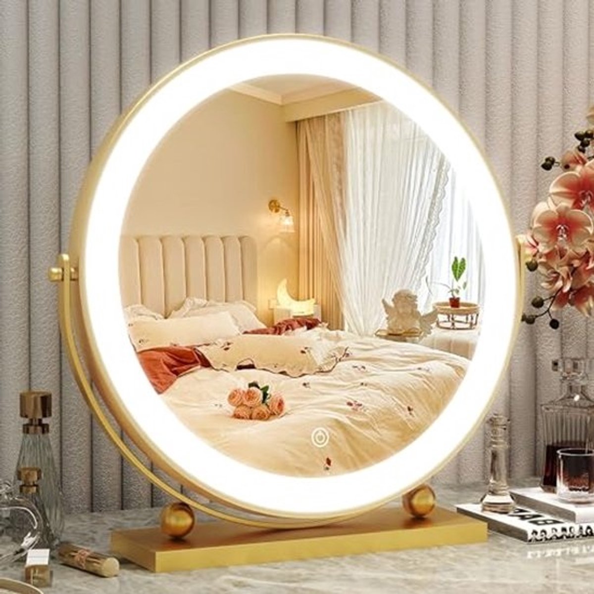 Verlichte Makeupspiegel 33 cm - Ronde LED Spiegel met Slimme Touch Bediening en 360 Graden Rotatie voor Slaapkamer en Tafelblad