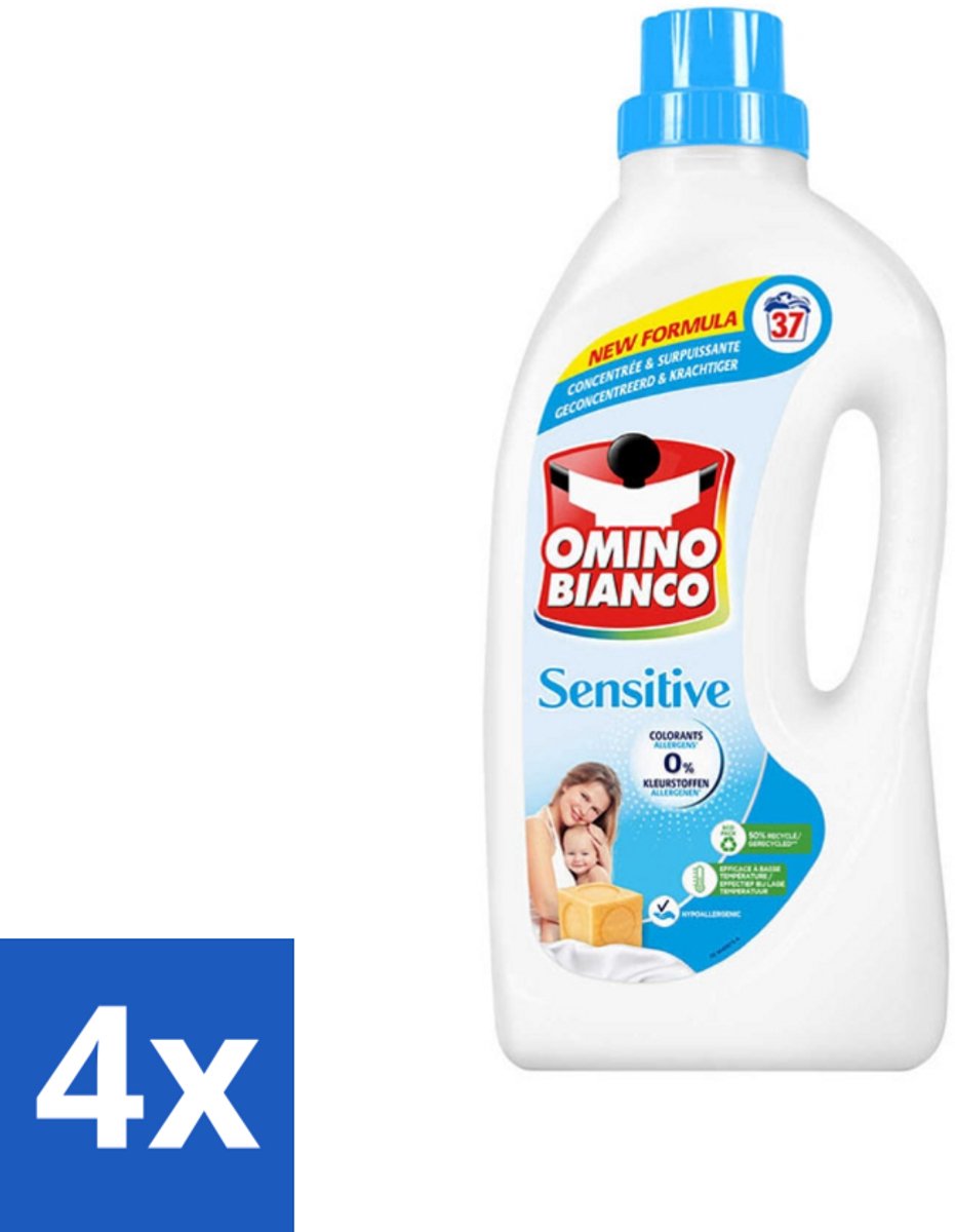 4 x Omino Bianco - Gevoelig - Wasmiddel - Witte & Gekleurde Was - 37 Wasbeurten - Wasmiddel - Gevoelige Huid - Hypoallergeen - Zonder Allergenen - Zonder Kleurstoffen