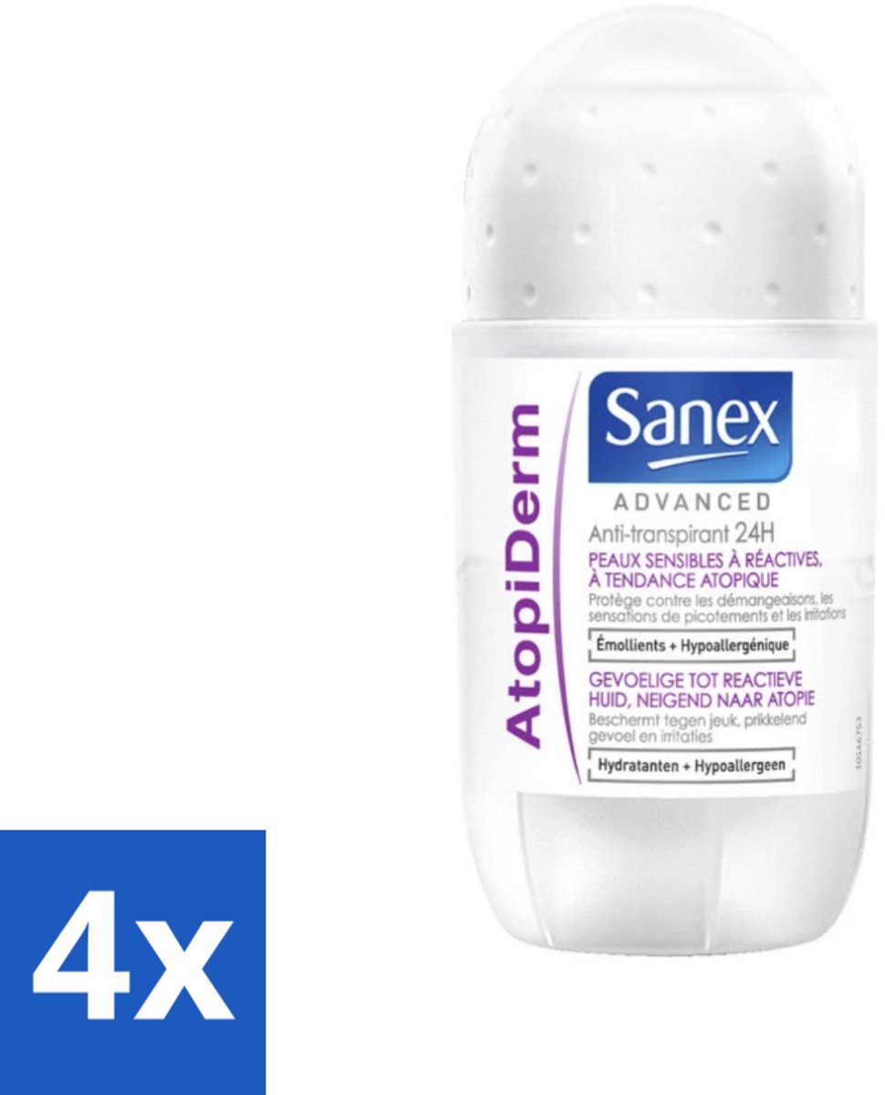 4 x Sanex Advanced - Gevoelig - Deodorant Roller - 24h Anti-Transpirant - Geavanceerd Atopiderm - 50 ml - Sanex Deodorant - Deodorant Gevoelige Huid - 24 Uur Bescherming - Atopiderm - Deodorant Roll-on