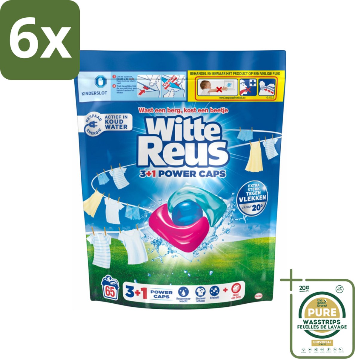 Witte Reus - 3+1 Power Caps - Witte Was - 65 Wasbeurten - Voordeelverpakking - 6 stuks - Wasmiddel - Vlekkenverwijderaar