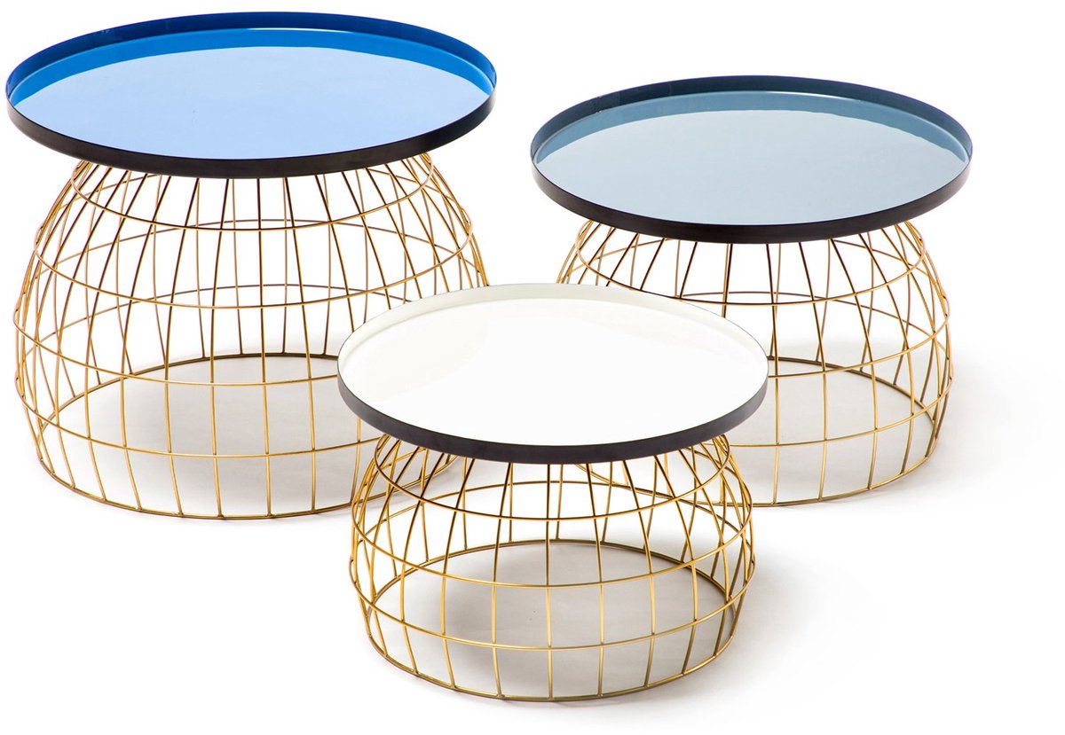 Padiro ronde bijzettafels set van 3 - blauw, grijs en wit - Modern Art-Déco Glamour Look - ijzeren onderstel